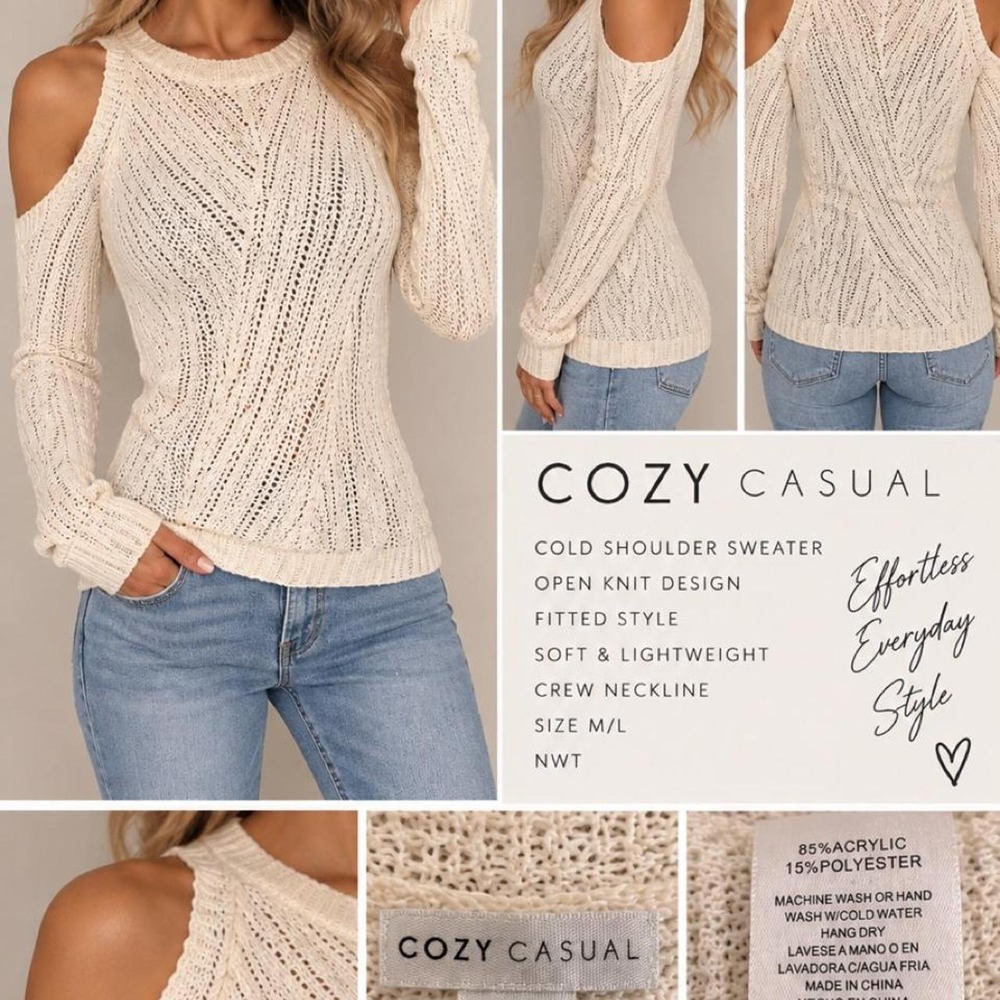 🤍 Cozy Casual Cream Cold-Shoulder Sweater — M/L